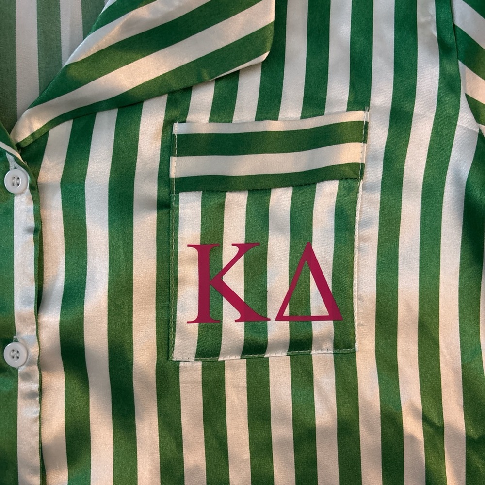 Kappa Delta silk PJ set, Green and White Stripes, Short Sleeve Top & Shorts - Picture 2 of 5